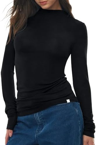 Women's Mock Turtle Neck Long Sleeve Shirts Merino Wool Knit Tops Fitted Slim Fit Basic Tees Cozy... | Amazon (US)