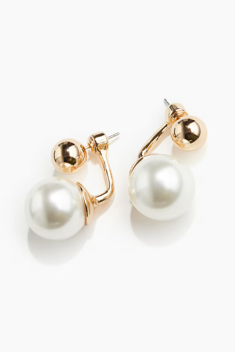 Sphere-detail front and back earrings - White/Gold-coloured - Ladies | H&M GB | H&M (UK, MY, IN, SG, PH, TW, HK)
