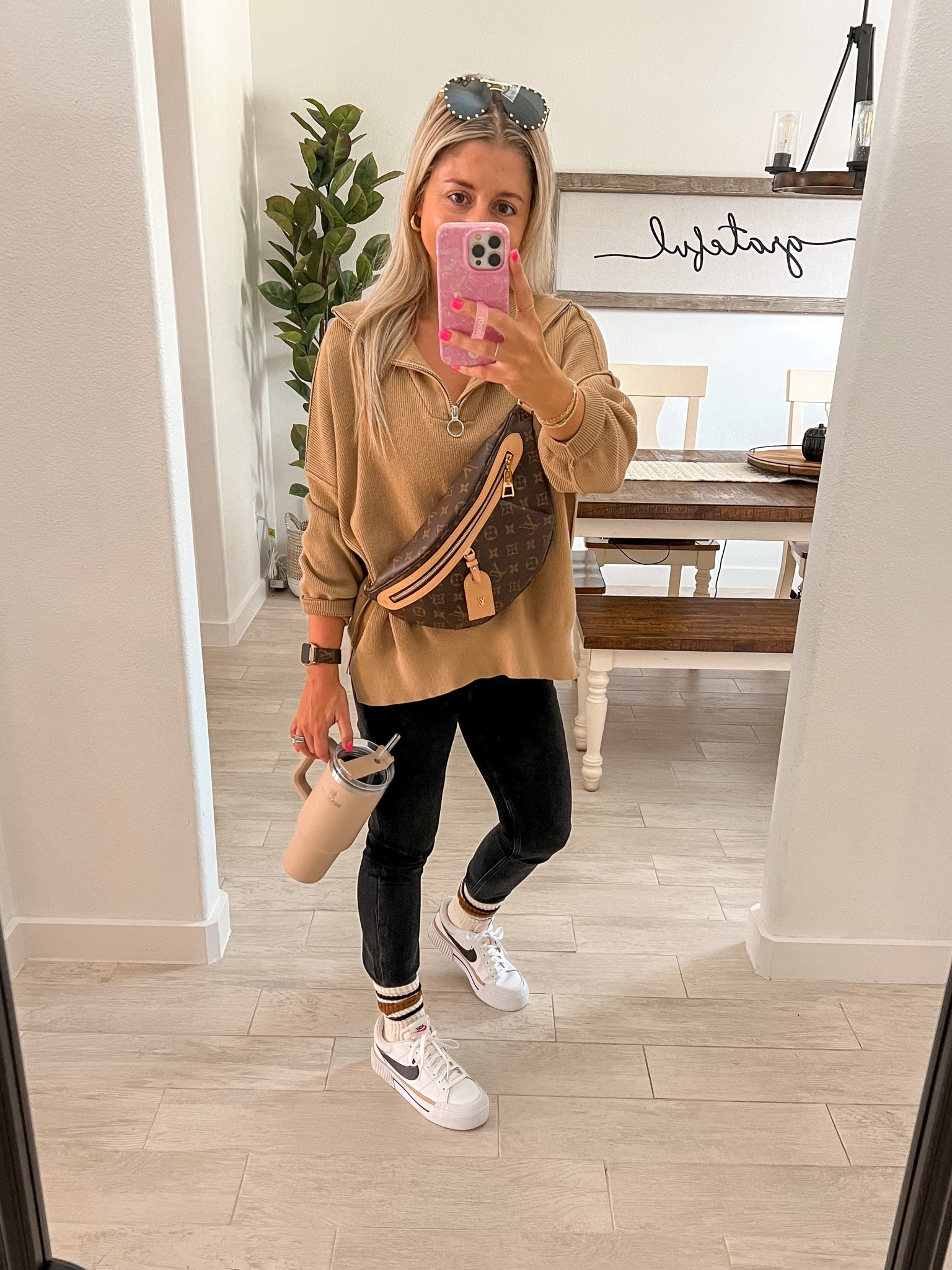 Fall outfit 
Neutral outfit 
Sweater small
Abercrombie black skinny jeans feel like leggings and true to size 
Nike sneakers tts
Slouchy socks 

#LTKitbag #LTKshoecrush #LTKfindsunder100