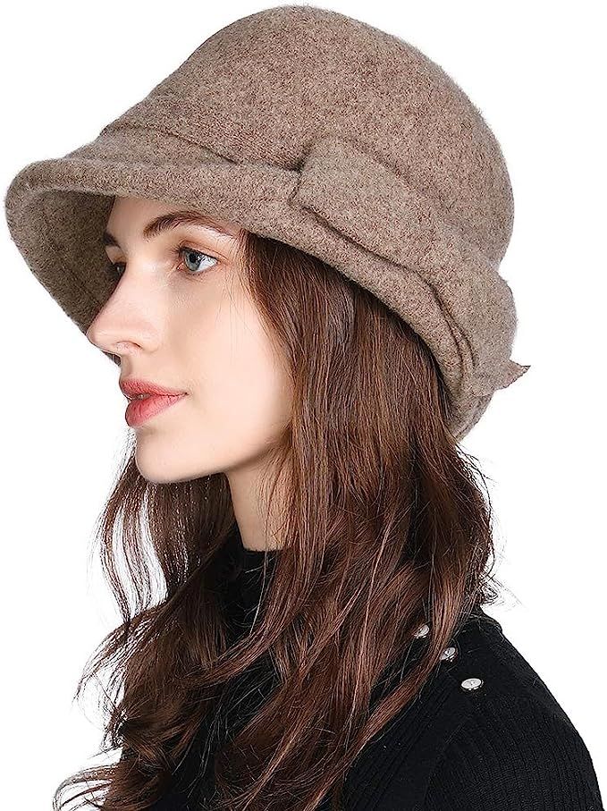 Jeff & Aimy Women Winter Wool Bucket Hat 1920s Vintage Cloche Bowler Hat with Bow/Flower Accent | Amazon (US)