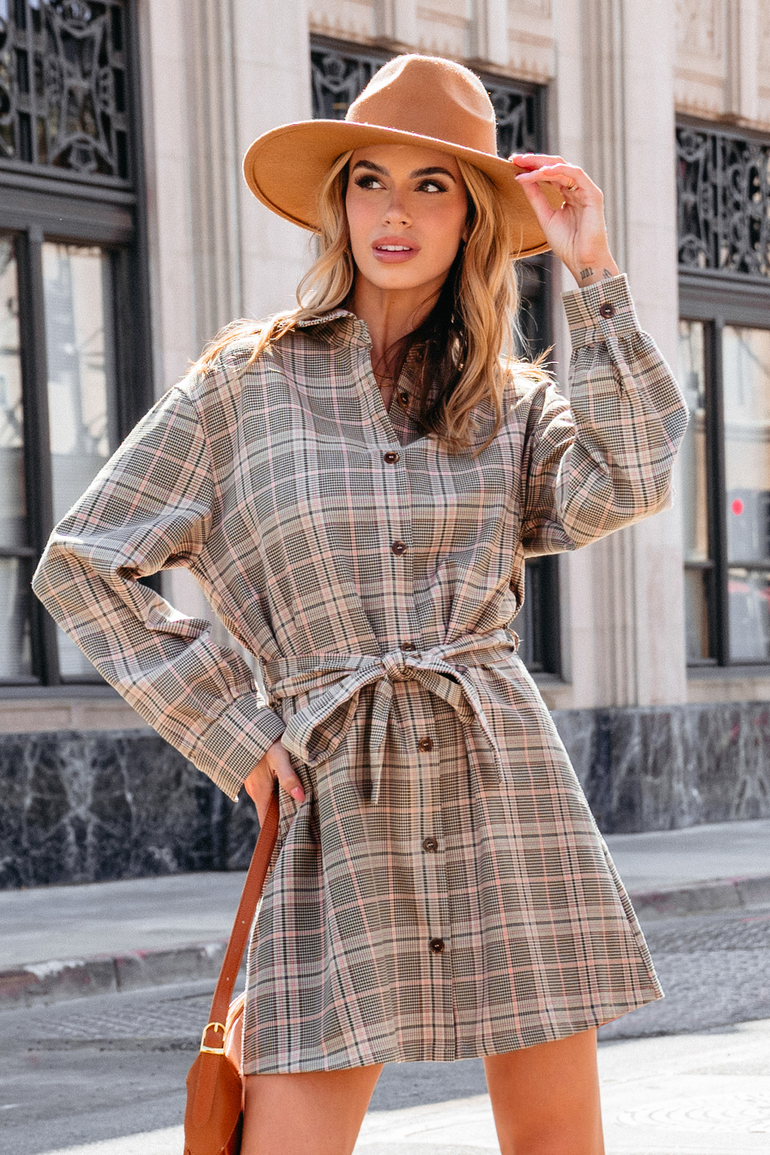 NewTaupe Plaid Collared Long Sleeve Mini Shirt Dress | Cupshe US