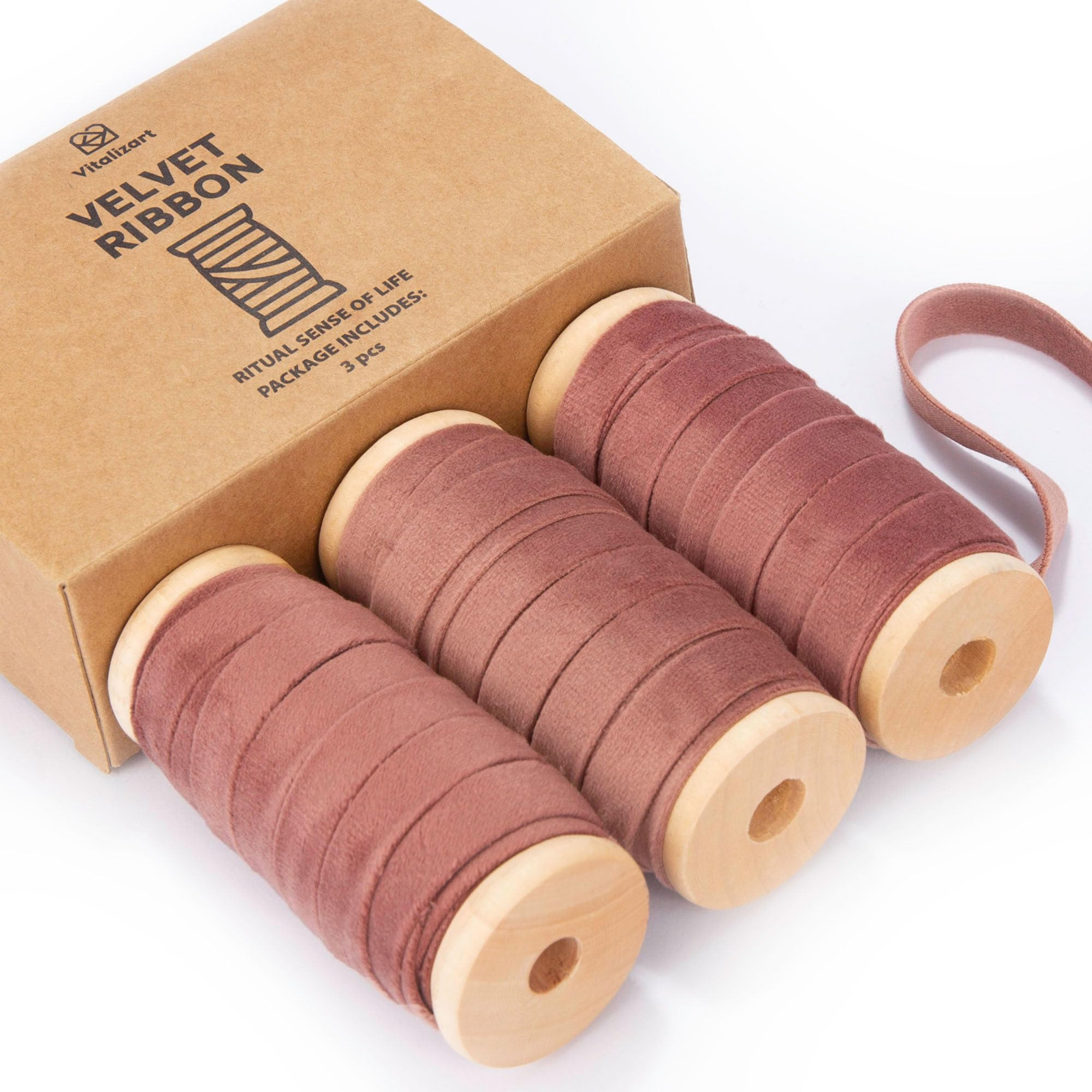 Vitalizart Rose Gold Velvet Ribbon Set 3/8"" x 15 Yd Wooden Spool Fabric Trim 3 Rolls * 5 Yd for ... | Amazon (US)