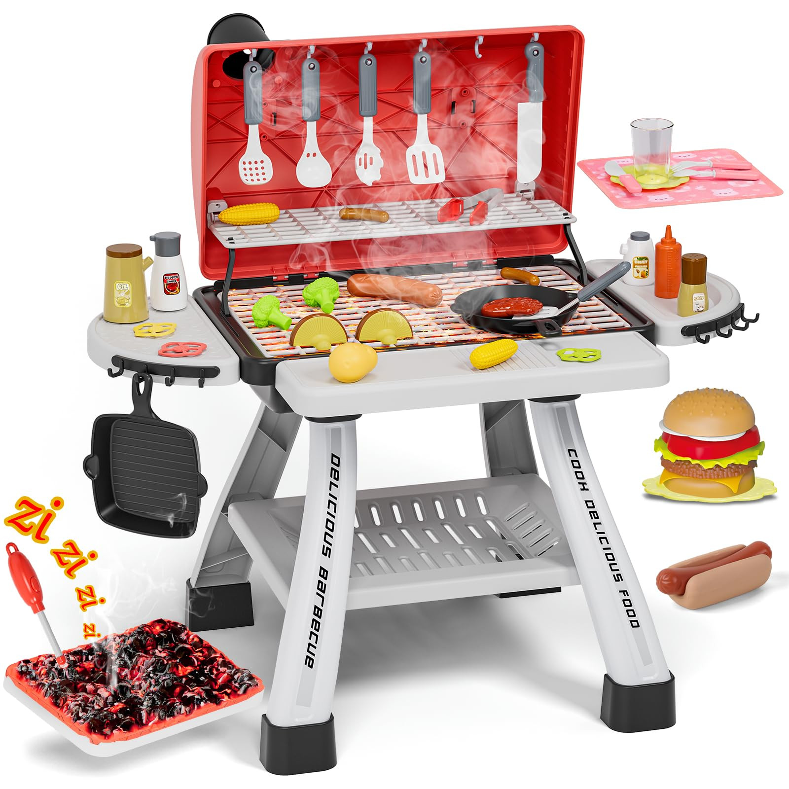 Kids Toys Kitchen Playset, BBQ Grill Playset with Smoke, Sound & Light, Toy Grill for Kids, Prete... | Amazon (US)