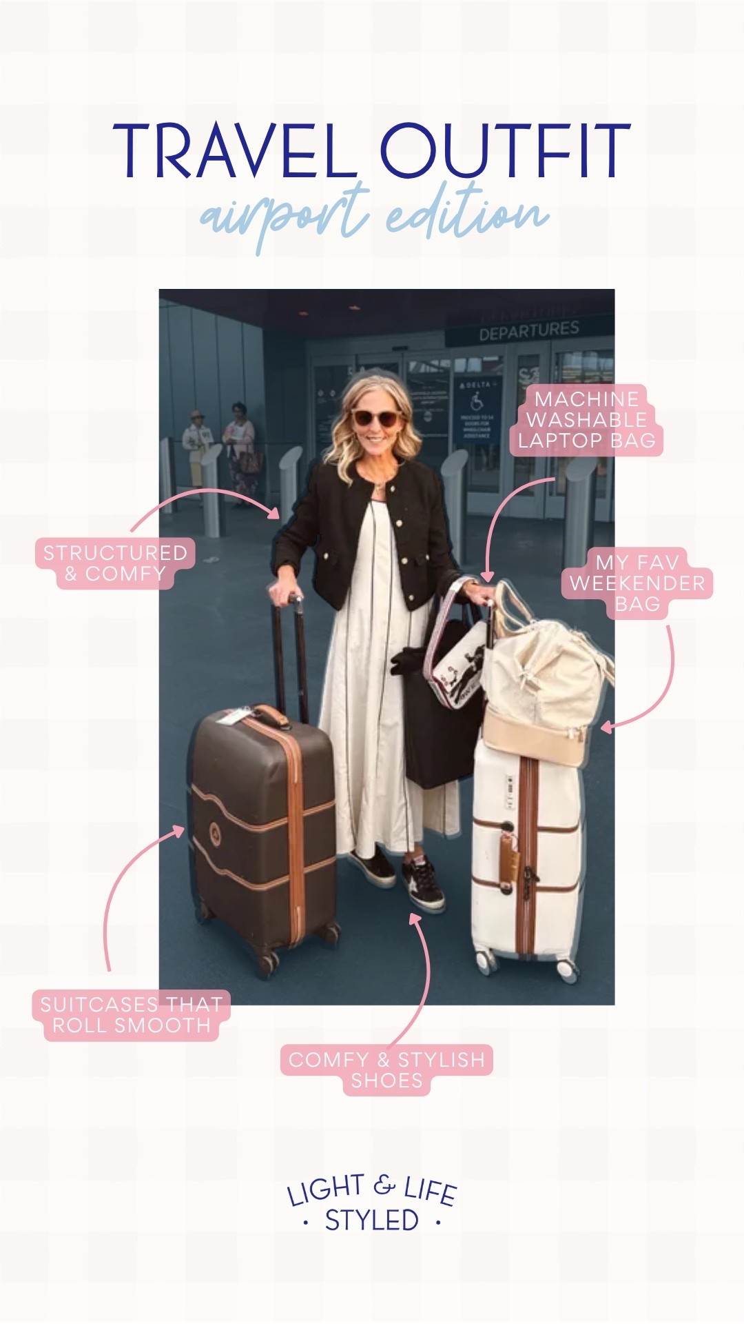 Some of my go-tos for airport travel: laptop bag, luggage that rolls smoothly, comfy & stylish shoes, a good weekend bag and a structured, yet comfy outfit. 
Vacation must haves, airport travel

#LTKSeasonal #LTKOver40 #LTKTravel