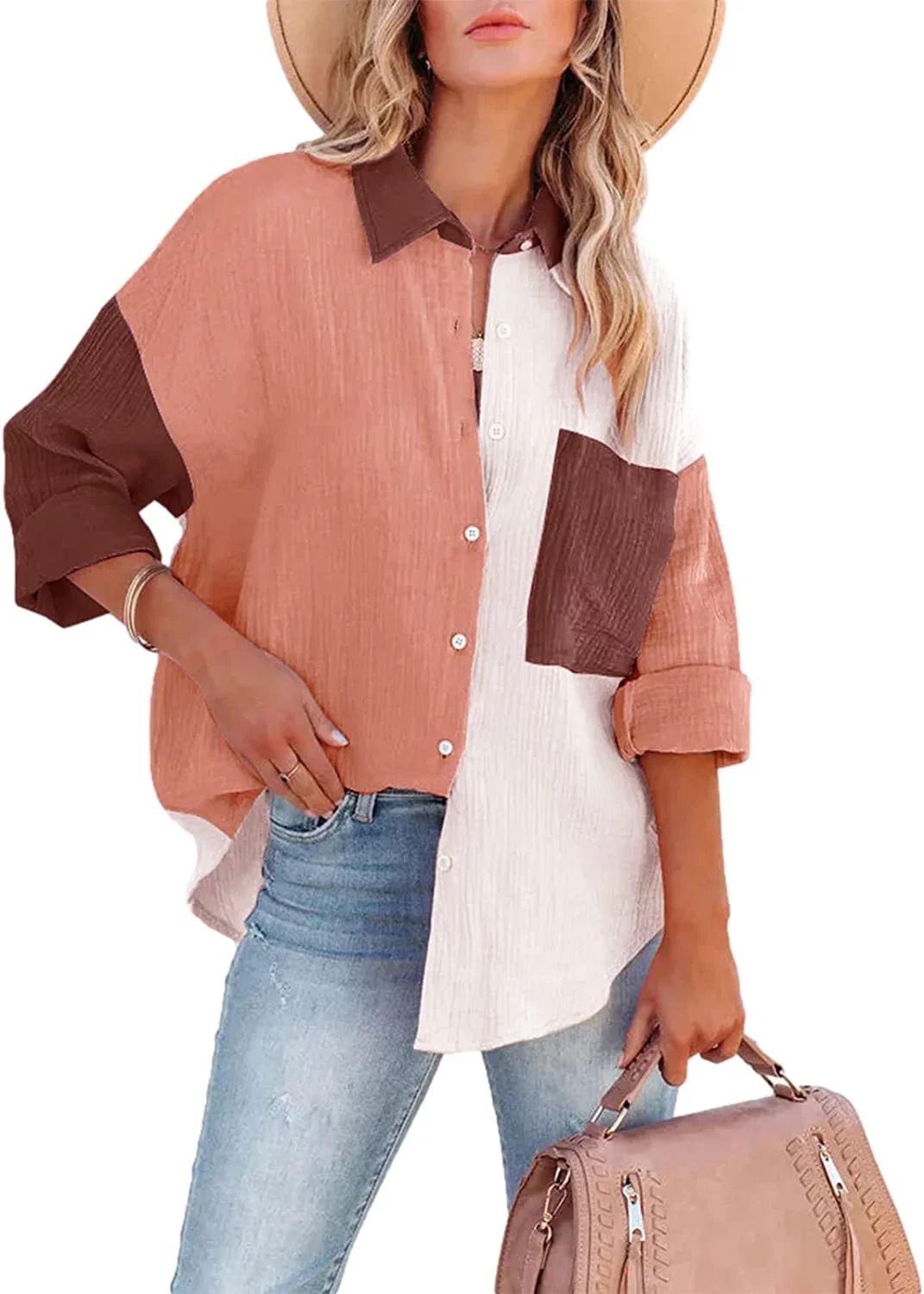 Falimottype Womens Color Block Button Down Shirts Long Sleeve Oversized Pockets Blouses - Walmart... | Walmart (US)