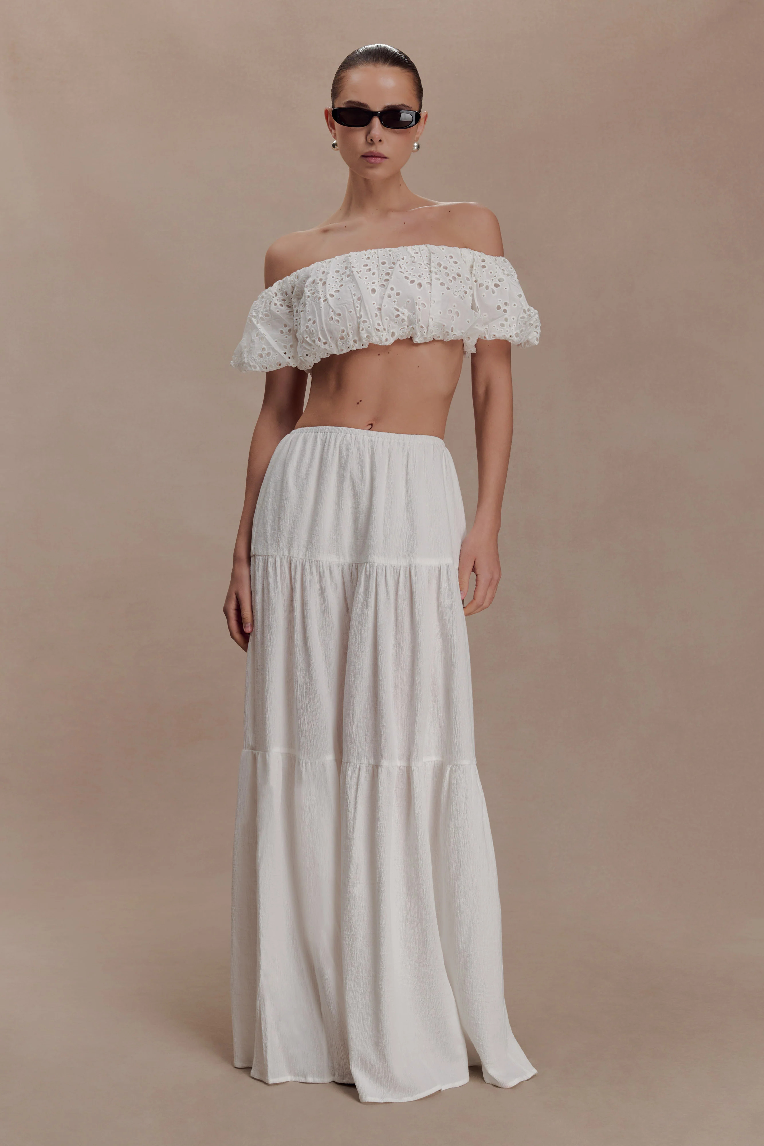 Autumn Off Shoulder Broderie Top - White | Meshki (APAC)