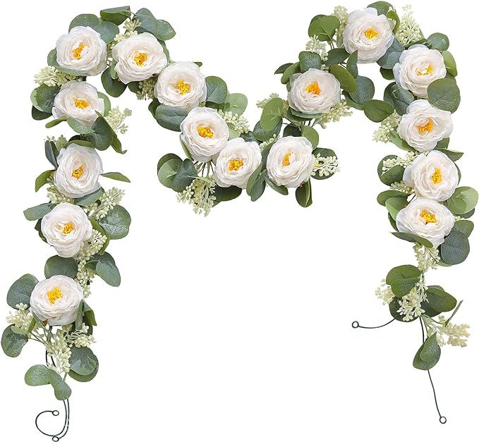 3 Pack Artificial Flowers Garland with 9 White Rose, 13Ft Fake Eucalyptus Flowers Vine, Silk Hang... | Amazon (US)