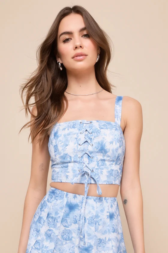 Cutest Character Blue Floral Lace-Up Sleeveless Crop Top | Lulus
