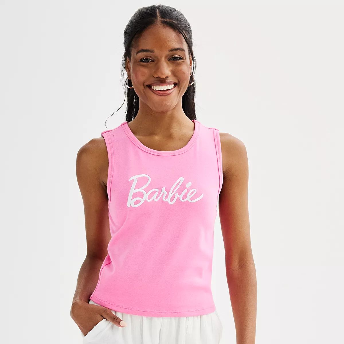 Juniors' Barbie® Classic Embroidered Logo Graphic Tank Top | Kohl's