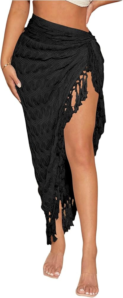 Verdusa Women's Twist High Split Fringe Skirt High Waist Asymmetrical Long Skirt | Amazon (US)