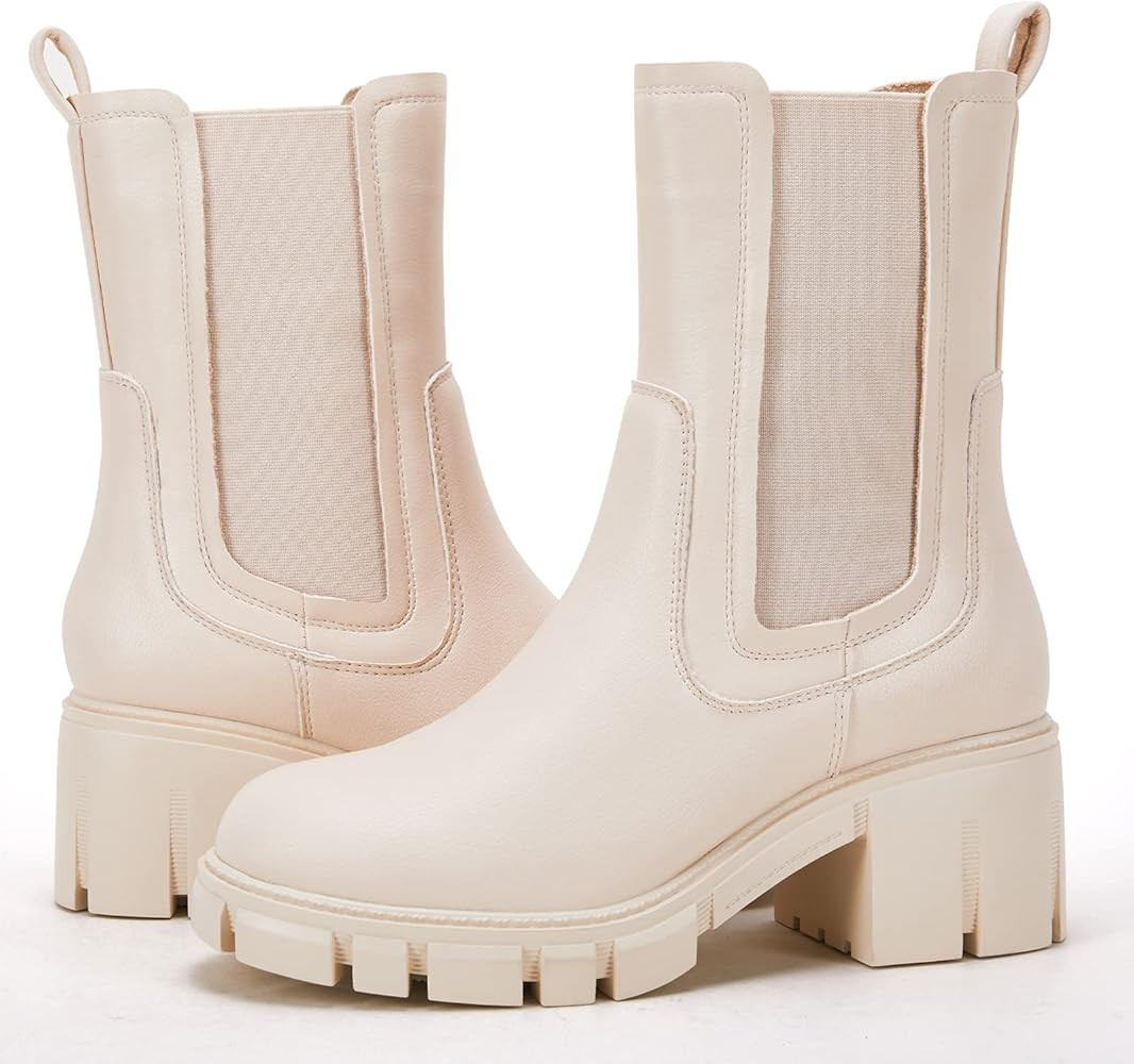 TINSTREE Women's Lug Sole Platform Boots Mid Calf Elastic Chunky Block Heel Leather Chelsea Booties  | Amazon (US)