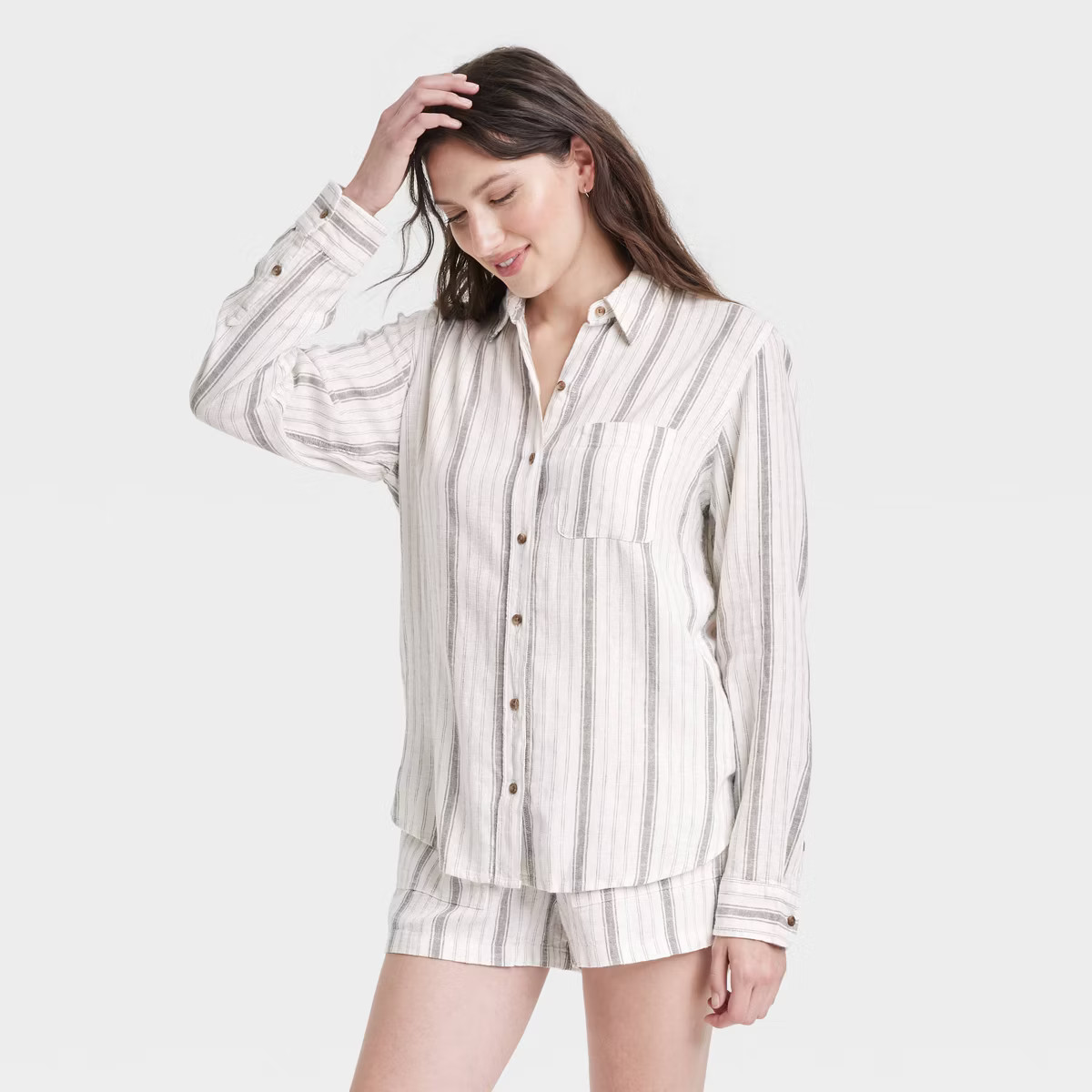 Women's Long Sleeve Collared Linen Button-Down Shirt - Universal Thread™ Gray/White Striped L: ... | Target