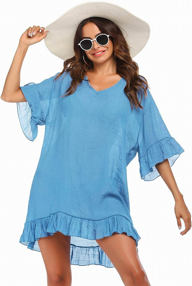 Ekouaer Womens Swimsuit Coverup V Neck Bathing Suit Beach Dress Sexy Ruffle Sleeves Bikini Cover ... | Amazon (US)