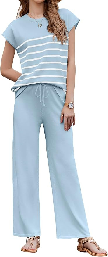 Ekouaer Striped Lounge Set 2 Piece Sweater Matching Outfits Travel Knit Clothing Sets for Women | Amazon (US)