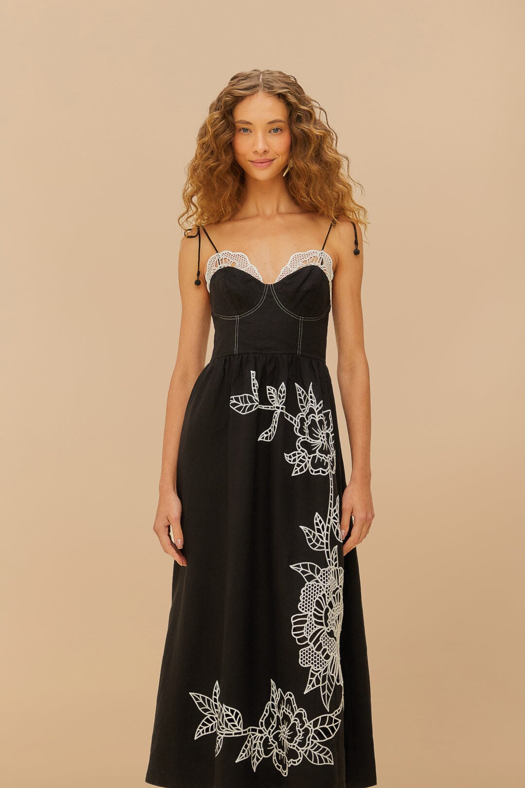 Black Richelieu Lace Euroflax™ Premium Linen Midi Dress | FarmRio (US)