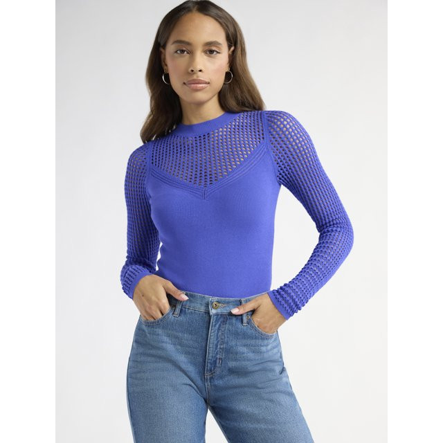 Sofia Jeans Women's V-Neck Mesh Pullover Sweater with Sheer Long Sleeves, Lightweight, Sizes XS-X... | Walmart (US)