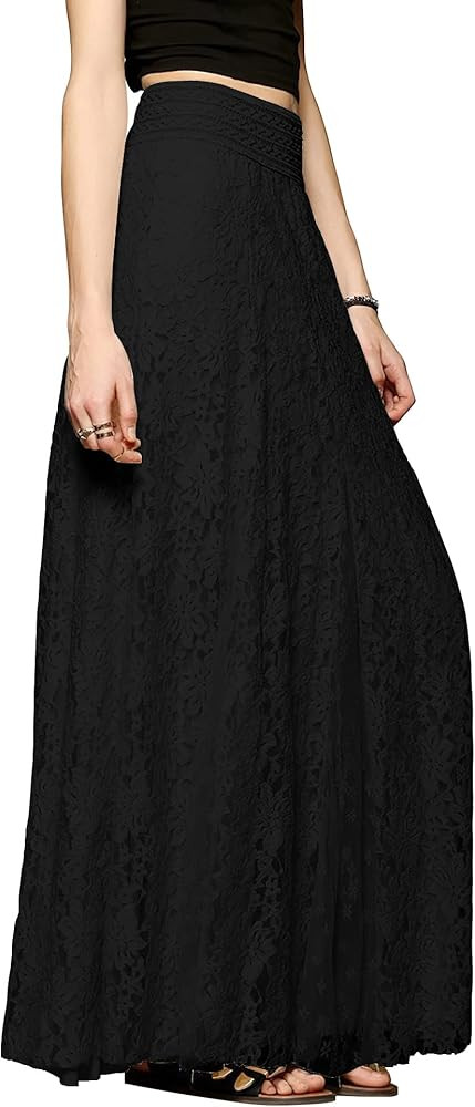 CHARTOU Womens Elegant Floral Lace Elastic High Waist Pleated Maxi Long Beach Skirts | Amazon (US)