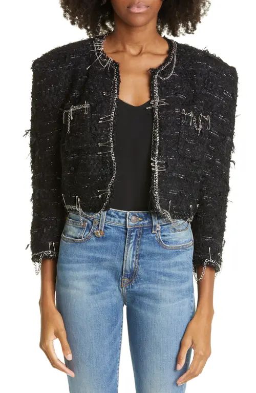 R13 Chain Embellished Square Shoulder Tweed Crop Jacket in Black Tweed at Nordstrom, Size Small | Nordstrom