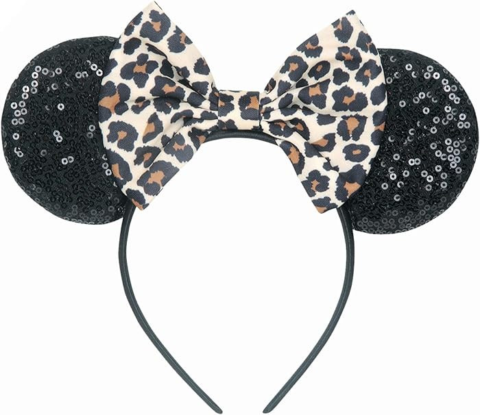 Bow Mouse Ears Headband Cute Sequin Headband for Women (Black Leopard Print) | Amazon (US)