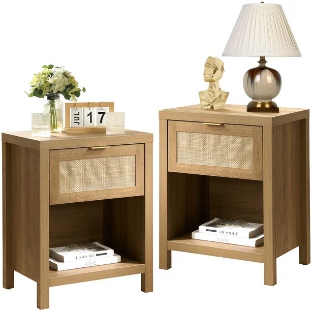 Surmoby Rattan Nightstands Set of 2,Farmhouse Night Stand with Drawer and Storage Shelf,Nature Bo... | Walmart (US)