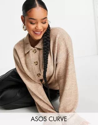 ASOS DESIGN Curve cardi with collar and button front in taupe | ASOS | ASOS (Global)