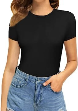 MANGOPOP Women's Round Neck Short Sleeve T Shirts Basic Bodysuits | Amazon (US)