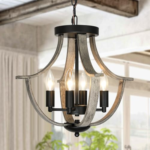 Farmhouse Chandelier, Modern Hanging Pendant Lighting, 4-Light Rustic Flush Mount Ceiling Light Fixture,Faux Wood Vintage Chandelier for Dining Room Kitchen Island Foyer Hallway Entryway Bedroom | Amazon (US)