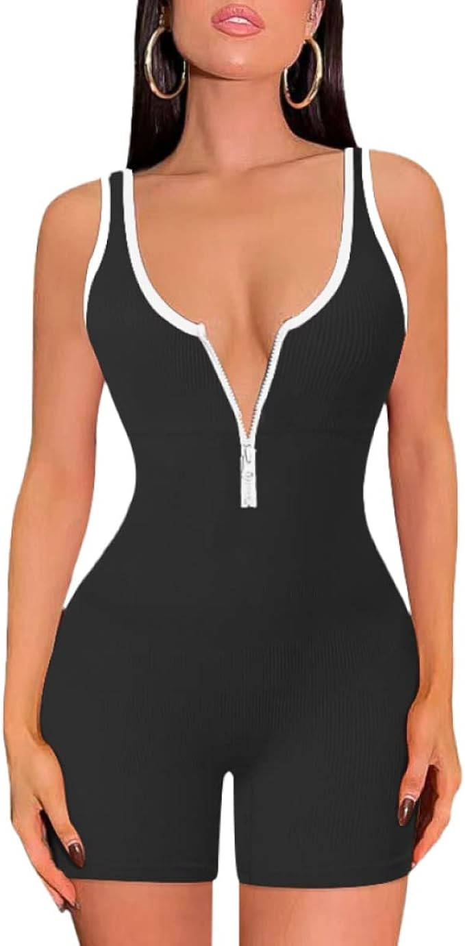 OLCHEE Womens Yoga Jumpsuits Workout Rompers Seamless Ribbed Backless Square Neck Tank Bodysuit B... | Amazon (US)