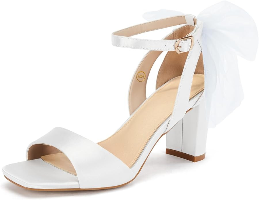 Coutgo Women's Bow Tie Heeled Sandals Chunky Heels One Strap Satin Ankle Buckle Dress Wedding Sho... | Amazon (US)
