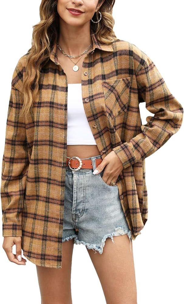 Oversized Womens Flannel Plaid Soft Flannel Button Down Shirt Roll Up Long Sleeve Flannel Plaid S... | Amazon (US)