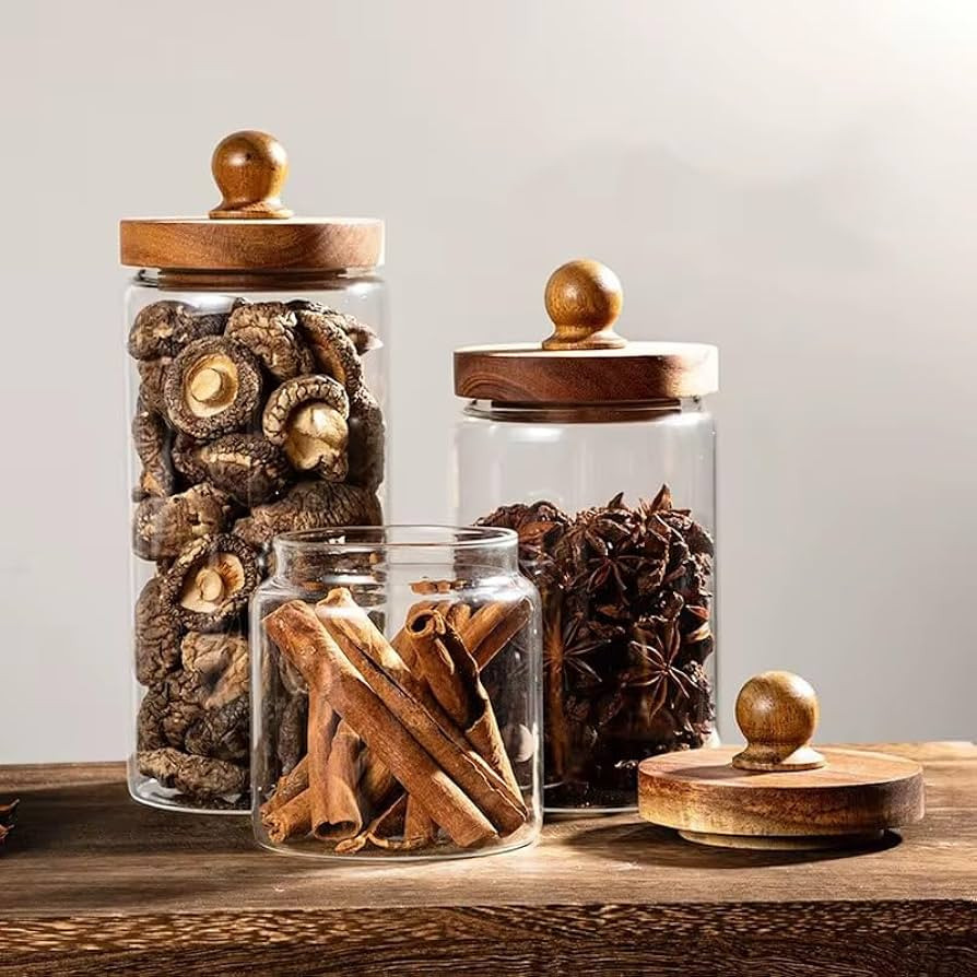 Glass Jars with wooden lids for spices, sugar, beans, nuts or pasta (15oz (450ml)) | Amazon (US)