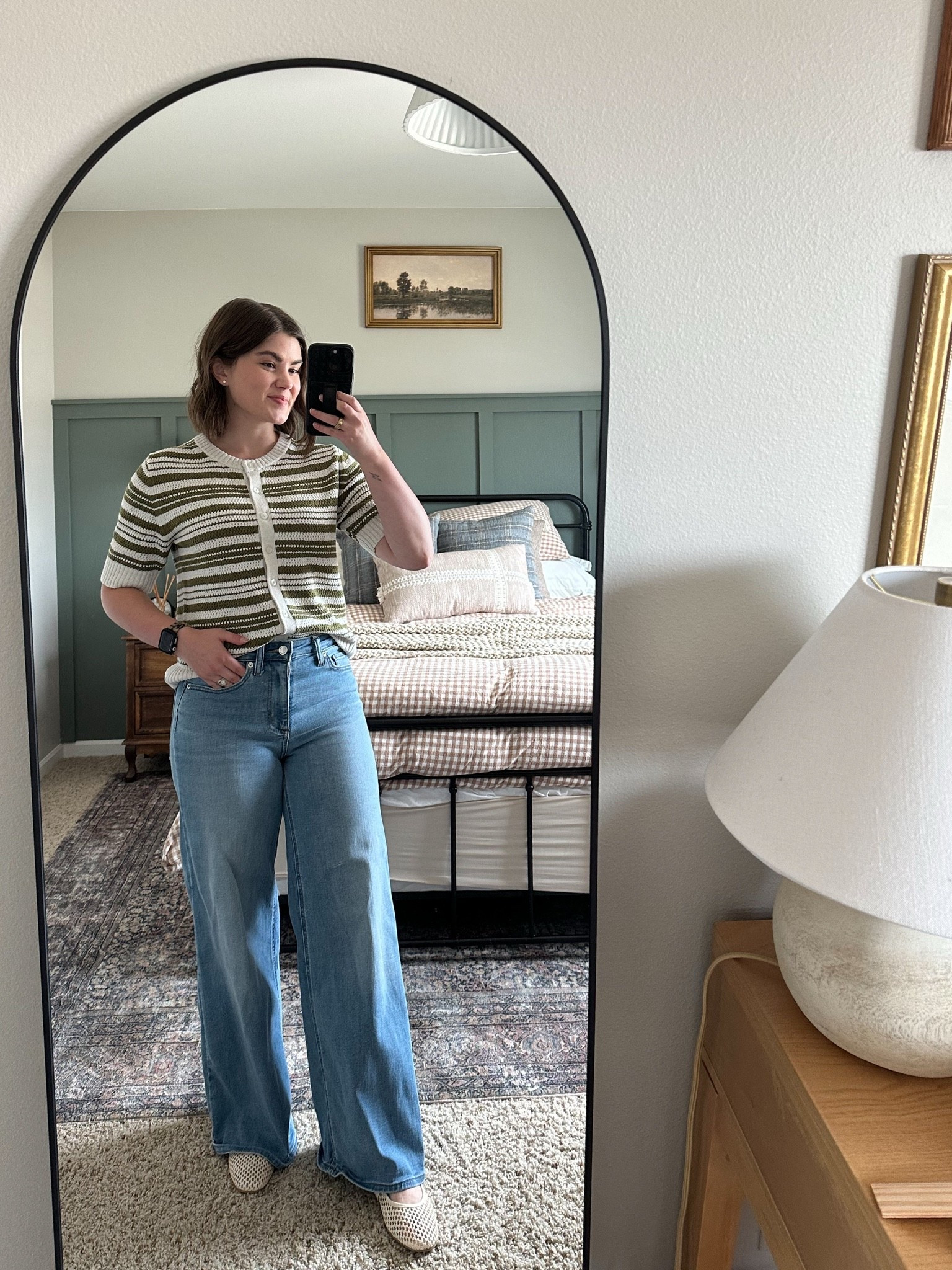Dr Scholls platform sneakers, white sneakers, sailor wide legged jeans, denim, short sleeves green and white striped cardigan, crochet sweater, fall outfit, teacher outfit, back to school, petite fashion

#LTKootd #LTKPetite #LTKWorkwear