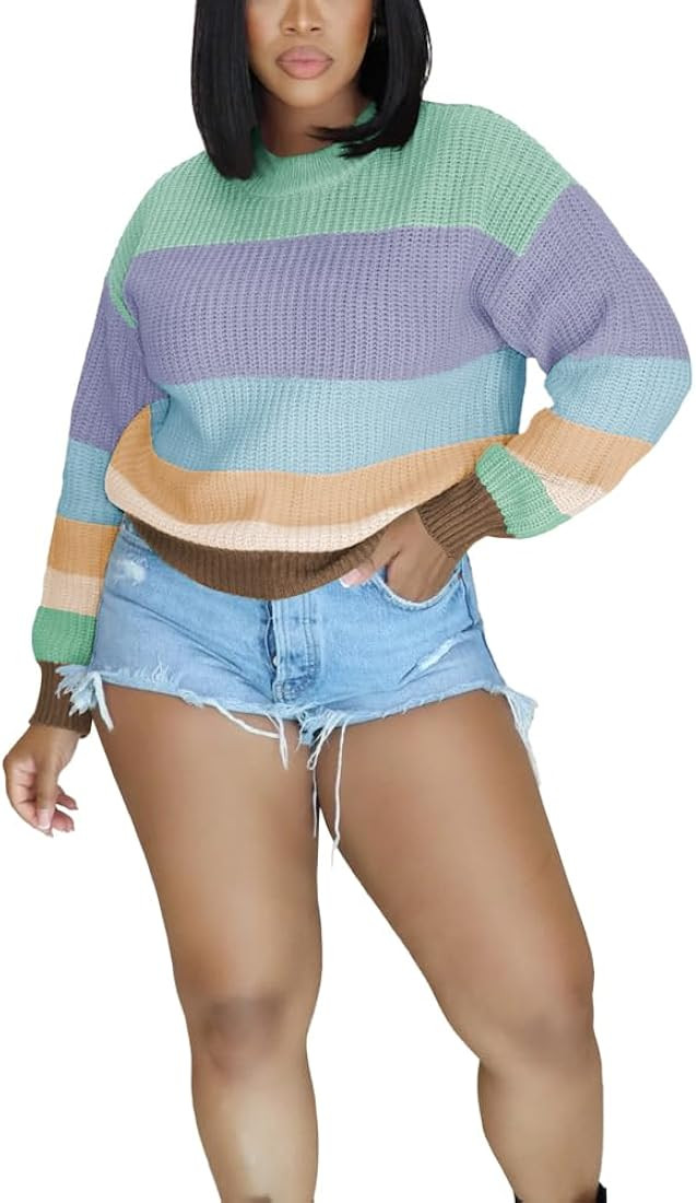 PINSV Women's Color Block Knit Sweaters Casual Crewneck Long Sleeve Loose Fit Pullover Sweater To... | Amazon (US)