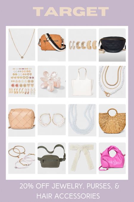 Target 20% off jewelry, purses, & hair accessories 



Affordable jewelry, trending purses for less. Trending hair accessories on sale.