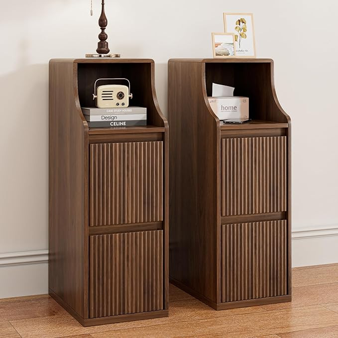 Fluted Narrow Nightstand Set of 2, Skinny Bedside Table with 2 Drawers, Wooden Small Vintage Side... | Amazon (US)