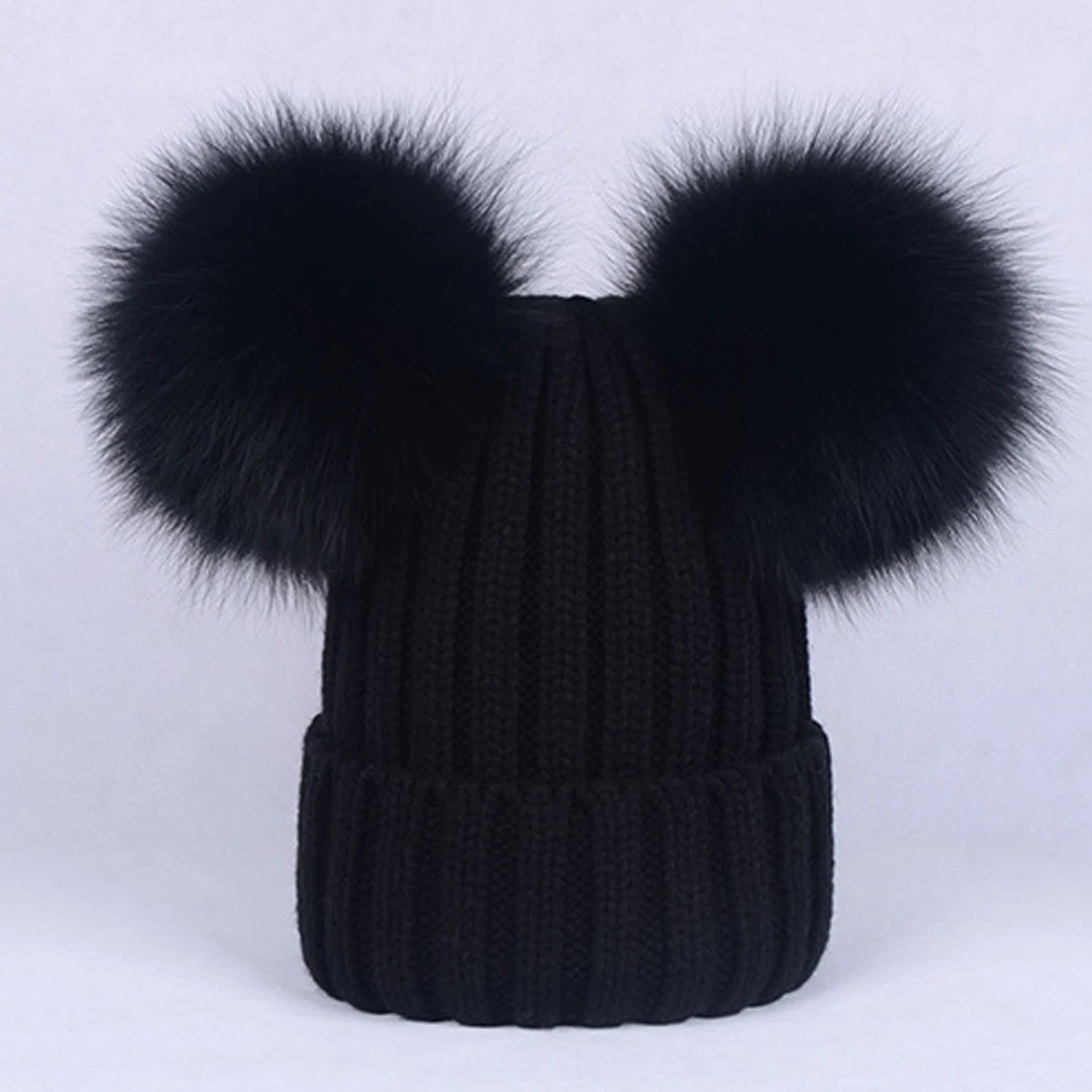 NEW Women Fox Fur Double Pom Pom Hat Knitte Beanies for Baby | Etsy | Etsy (US)