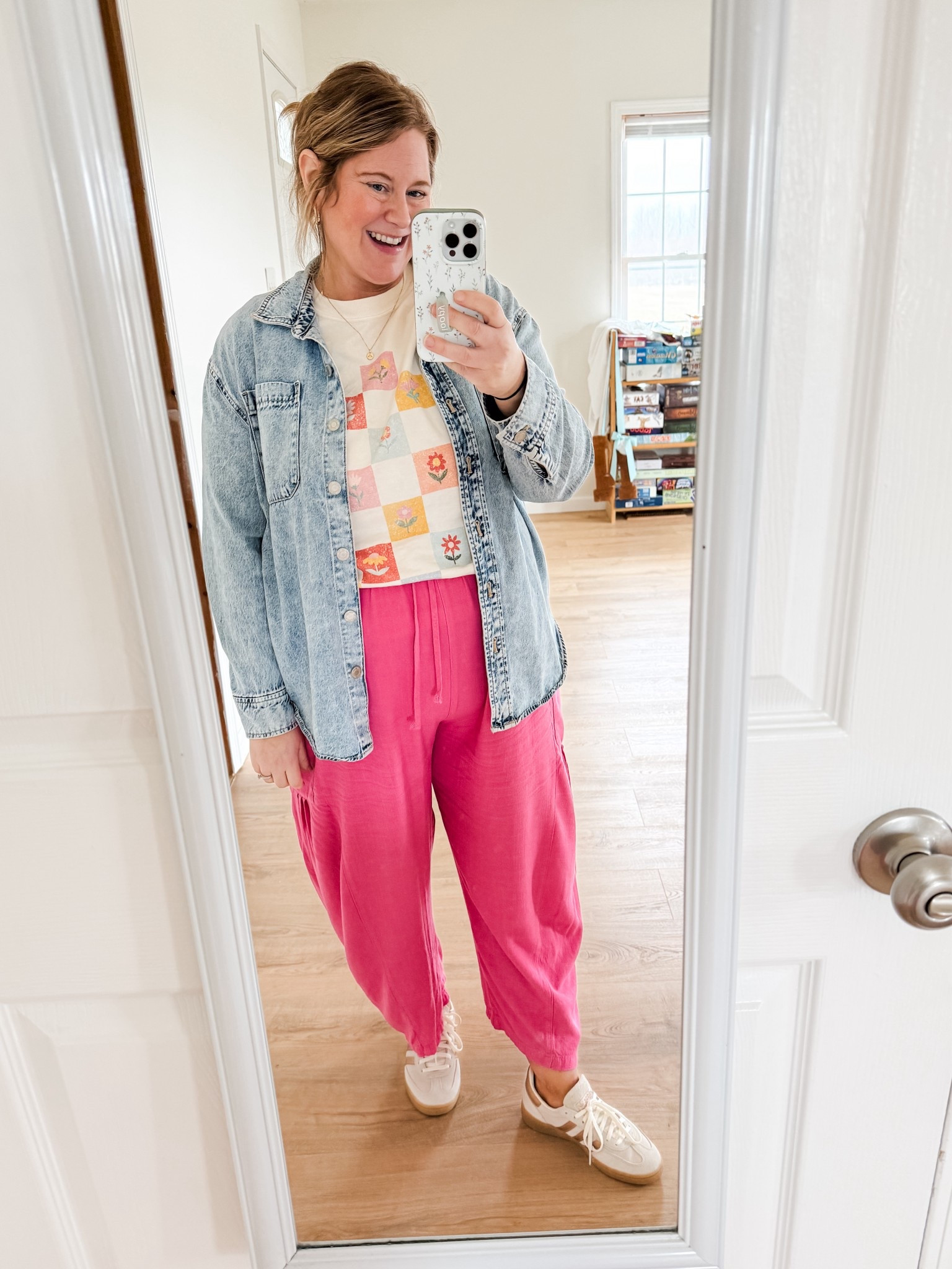 Teacher outfit! Wearing an XL in my Mountain Moverz tee - love the flowers for spring! Use code STEPHSHARES20 to save on the tee!  Large in my pink linen pants.  Denim shirt is older but linked similar.  Also love these adidas sneakers! So comfy!! I sized down a half size. 

#LTKBump #LTKMidsize #LTKSeasonal
