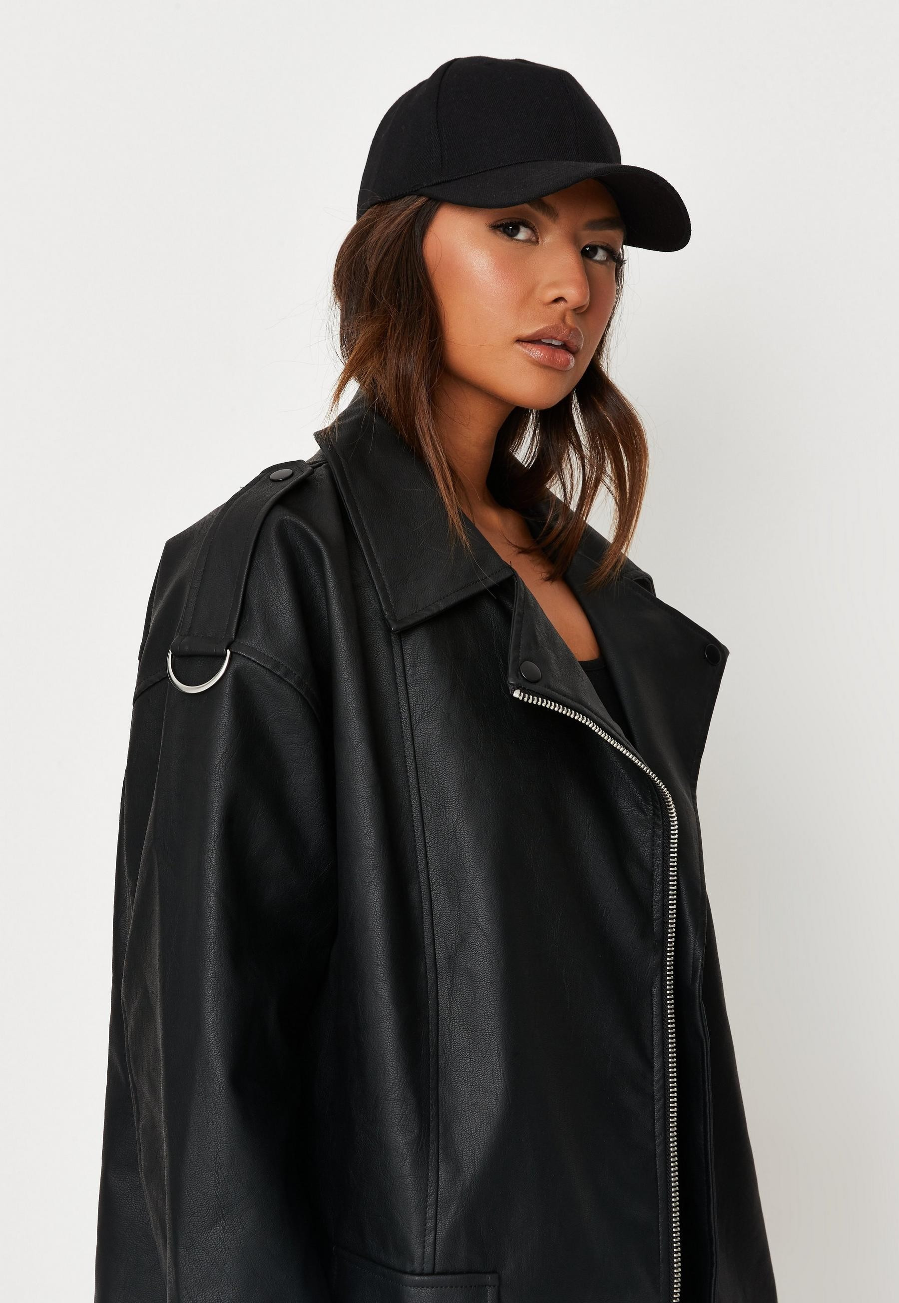 Missguided - Oversized Black Faux Leather Long Vintage Biker Jacket | Missguided (US & CA)