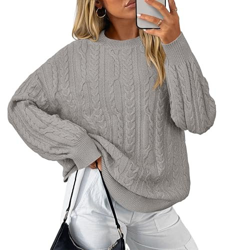 KIRUNDO Oversized Cable Knit Sweater Women 2025 Early Fall Fashion Chunky Cozy Long Sleeve Crewneck Pullover Winter Clothing(Grey, Large) | Amazon (US)
