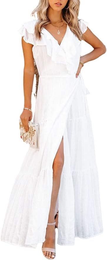 Eteviolet Women's Elegant Casual Maxi Wrap Dress Ruffle V Neck 3/4 Sleeve Backless Belted Long Dr... | Amazon (US)