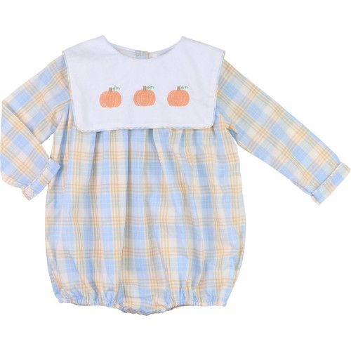 Orange And Blue Plaid Embroidered Pumpkin Bubble | Cecil and Lou