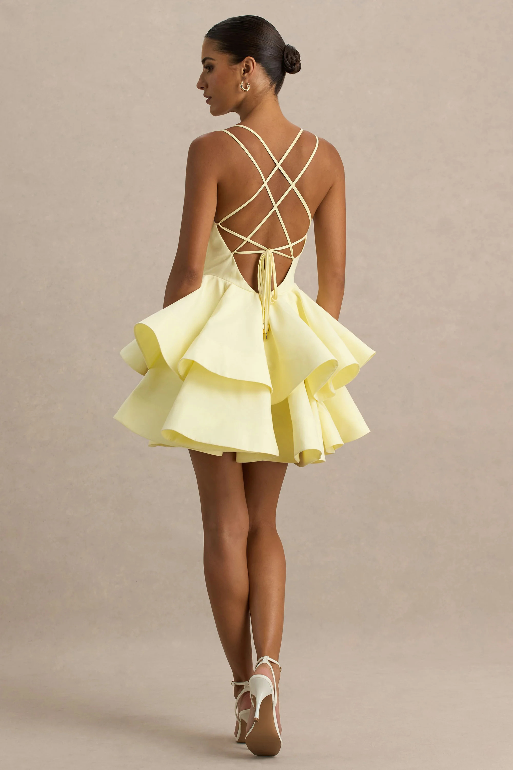 Flavia | Lemon Plunge-Neck Ruffled Skater Micro-Mini Dress | Club L London