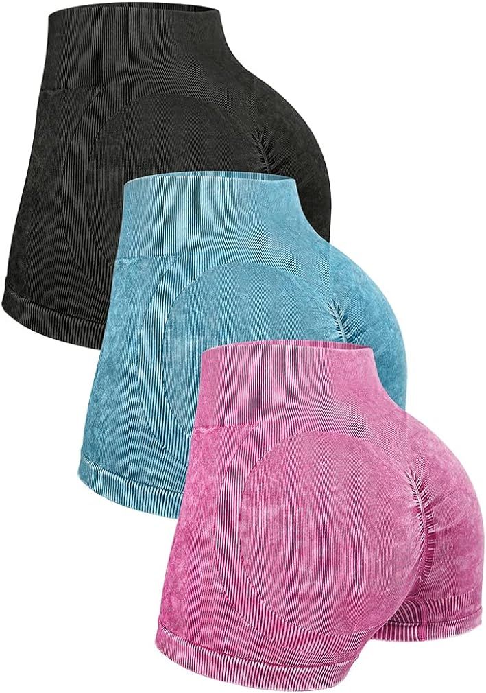 OQQ Women's 3 Piece High Waist Workout Shorts Ribbed Acid Wash Butt Lifting Tummy Control Ruched ... | Amazon (US)
