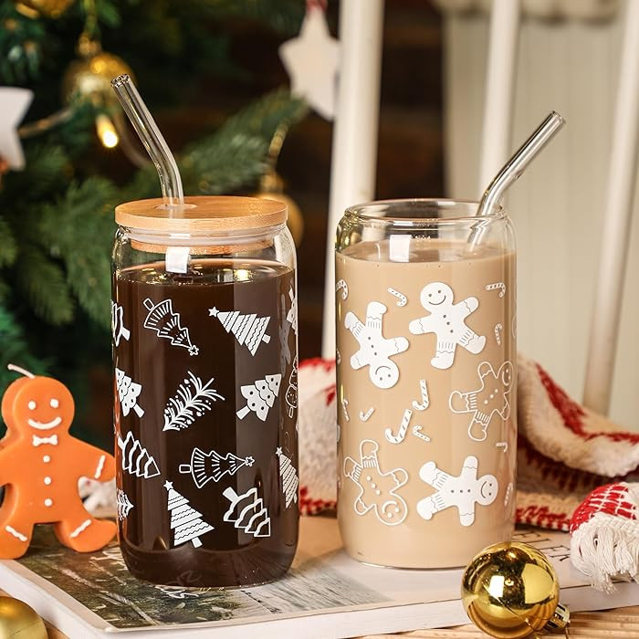 Christmas Cups, 16oz Mugs Mason Jars Glass Cups with Lid and Straw, Tumbler Drinking Glasses, Ice... | Amazon (US)