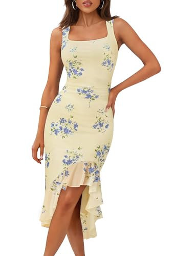 MEROKEETY Women's 2026 Summer Floral Bodycon Dress Square Neck Sleeveless Ruffle Cocktail Mesh Beach Vacation Midi Dresses, Beige, Small | Amazon (US)