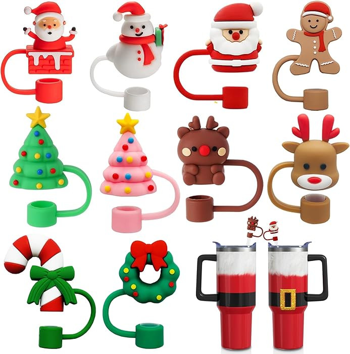 10PCS 3D Christmas Straw Toppers for Stanley Cups,10mm 0.4in Silicone Reusable Xmas Straw Covers ... | Amazon (US)