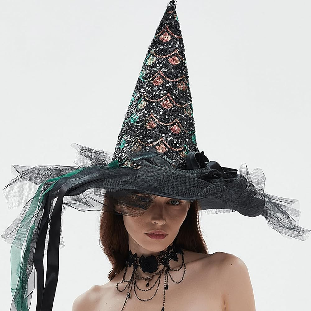 Halloween Witch Hat,Large Black Witch Hats with Hand-sewn Sequins, Rose & Feathe | Amazon (US)