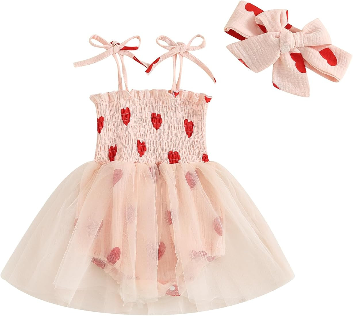Cevoerf Newborn Baby Girl Valentines Outfit Sleeveless Tie Strap Heart Romper Dress Headband Infa... | Amazon (US)