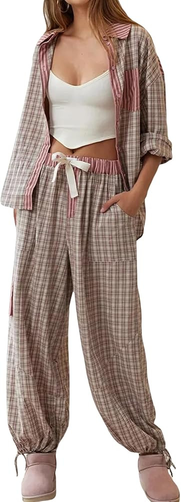 Women Pajama Set Plaid Print Long Sleeve Lapel Neck Button Closure Shirt Elastic Waist Pants Slee... | Amazon (US)