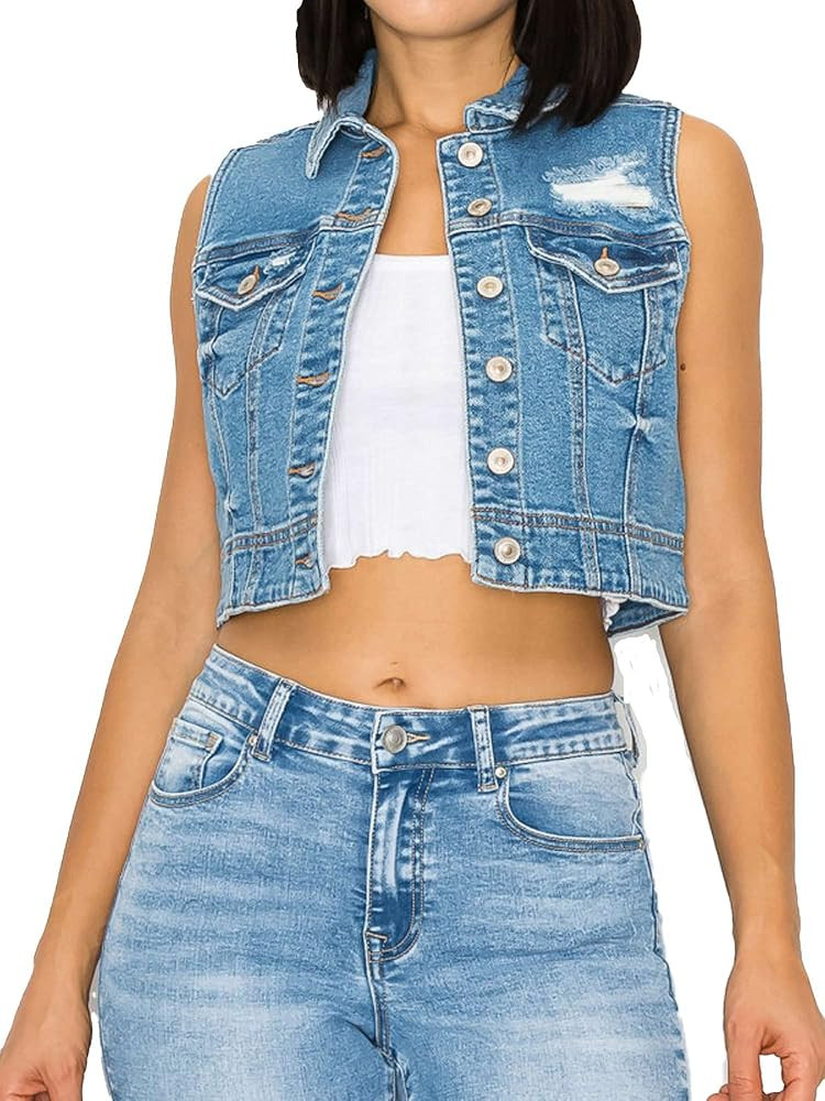 Women Junior Button Up Slim Fit Crop Sleeveless Distressed Jean Denim Vest Jacket | Amazon (US)